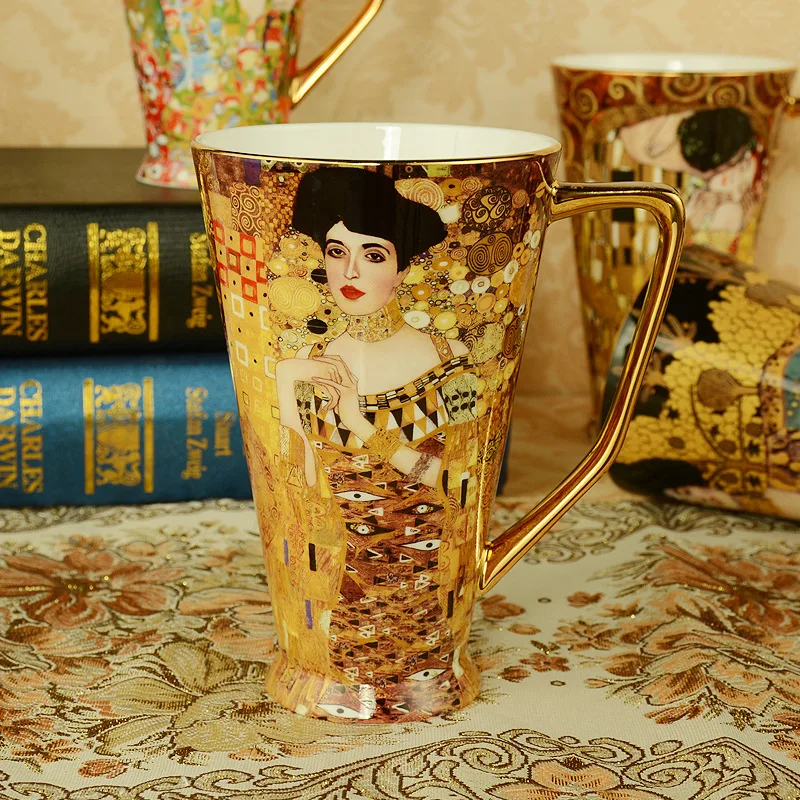 

Klimt Adela костяной фарфор, кружки, кофейные чашки с ложкой, фарфоровая чашка для кофе Gustav klimt, подарки на свадьбу, день рождения, домашний офис, посуда для напитков
