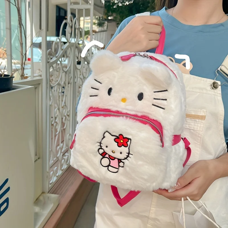 Miniso Leuke Hello Kitty Rugzak Dames Schooltas Cartoon Pluche Handtas Mini Harige Rugzak Speelgoed Witte Draagbare Tas Meisjes Cadeau