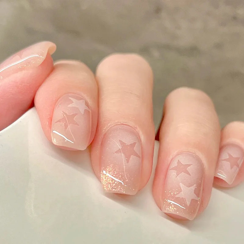 24 pçs galáxia glitter caixão destacável gel dicas de unhas brilho no escuro estrelado unhas falsas olho de gato brilhante estrela padrão imprensa em unhas