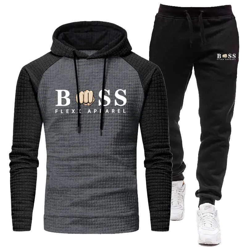 New Men's Suit Spring Autumn New Outdoor Sports Leisure Men's Clothing Color Matching Plaid Jacquard Hoodie + Sweatpants 2 Sets