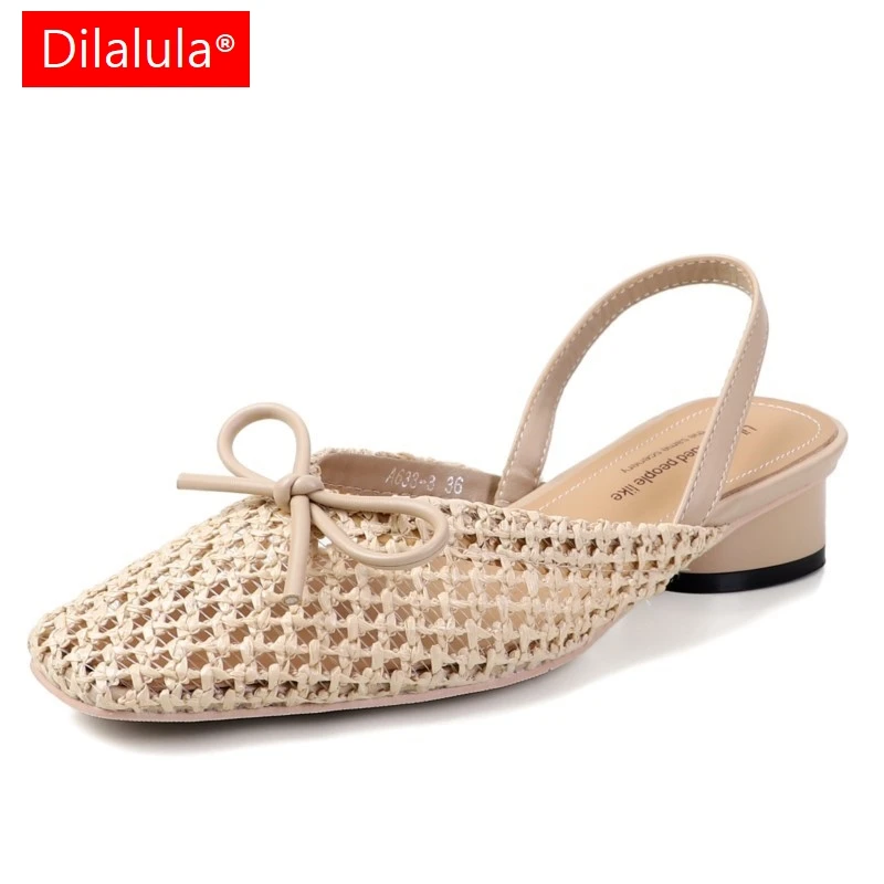 

Dilalula 2025 новейшие плетеные сандалии, женские дышащие сандалии с закрытым носком на среднем толстом каблуке, летние сандалии с узлом-бабочкой, женское платье