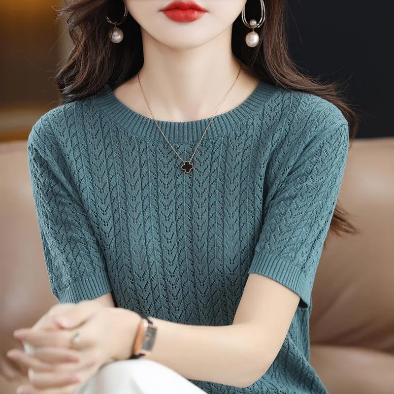 Women Sweater Korean Fashion Style Spring Summer Hollow Out Knitwear Casual Solid Color O Neck Female Knit Pullover