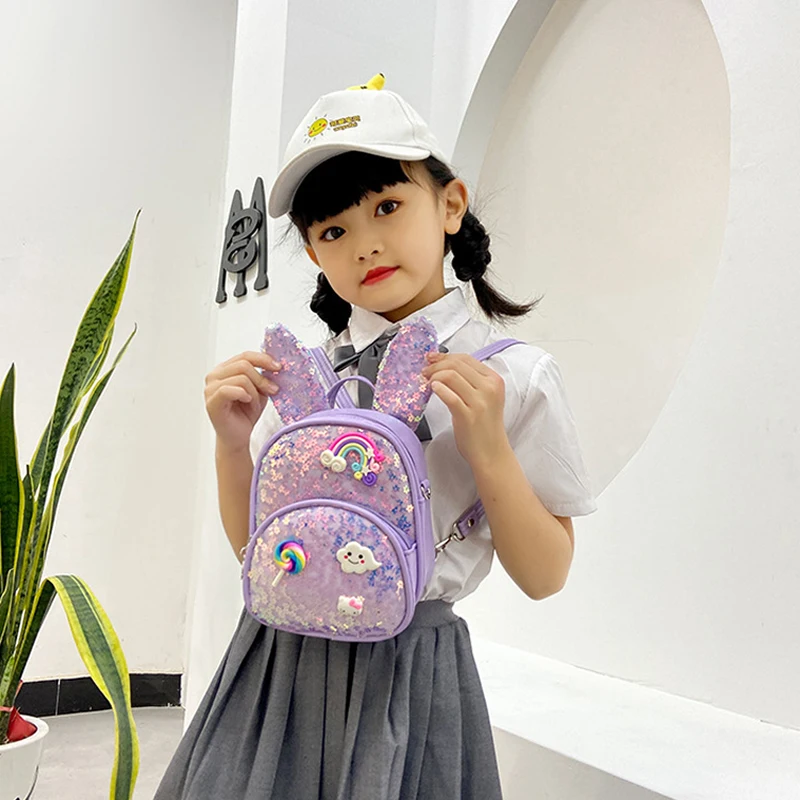 Fashion Sequins Rabbit Ears Backpack Children\'s Bling School Bags Cute Waterproof Student Kids Girls Kindergarten Schoolbags