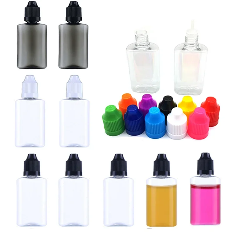 

50pcs 30ml Empty PET Plastic Flat Dropper Bottles Clear Black Liquid Vials Containers Long Tip Cap with Funnel Refillable Bottle