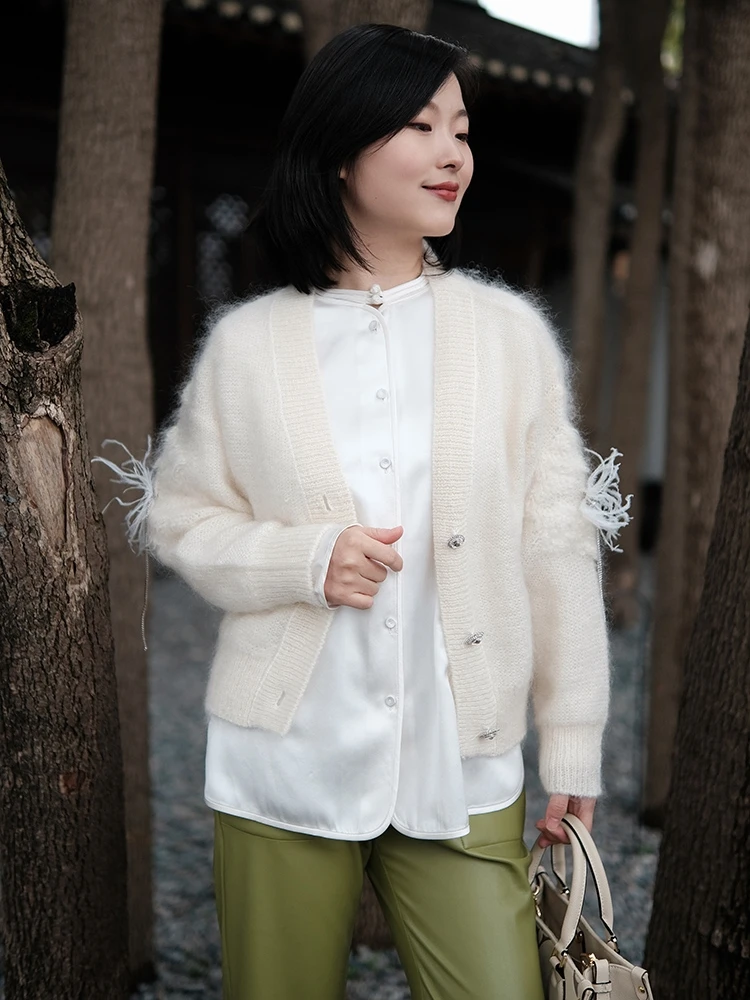 

Ultrine Soft Mis Romance Feather Warm Lightweight Knitted Open Cardigan Women's Heavyweight Wool Camere Knitwear