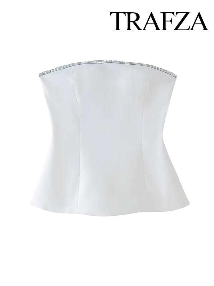 

TRAFZA Women Summer Chic Jeweled Decoration Strapless Tops Woman Fashion Sexy Sleeveless Back Zipper Slim White Tops Mujer