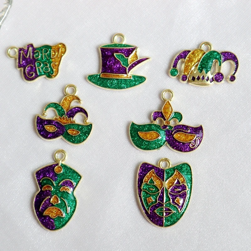 10pcs Mardi Gras Carnival Fat Tuesday Metal Pendant Shiny Hat Mask Alloy Charms DIY Necklace Bracelet Earring Keychain Accessory