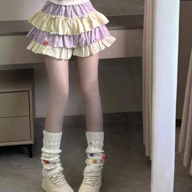 

Japanese Pink White Ruched Cake Skirt for Women Elastic High Waist A-line Skirts 2025 Summer New Sweet All-match Faldas Mujer