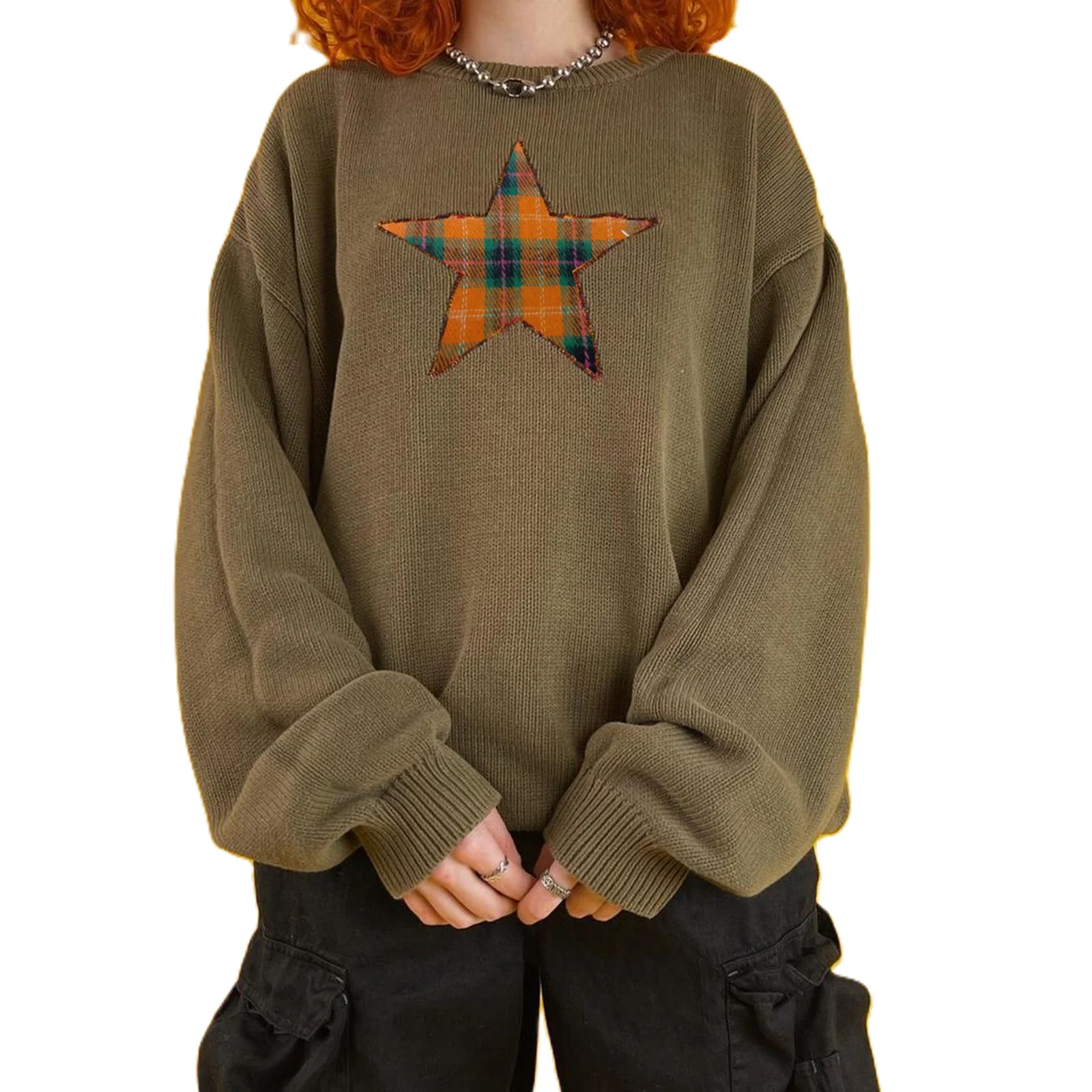 Dourbesty Retro Baggy Truien Grunge Esthetische Pentagram Patroon Lange Mouwen Truien Tops Y2k Vrouwen Knit Kleding Streetwear