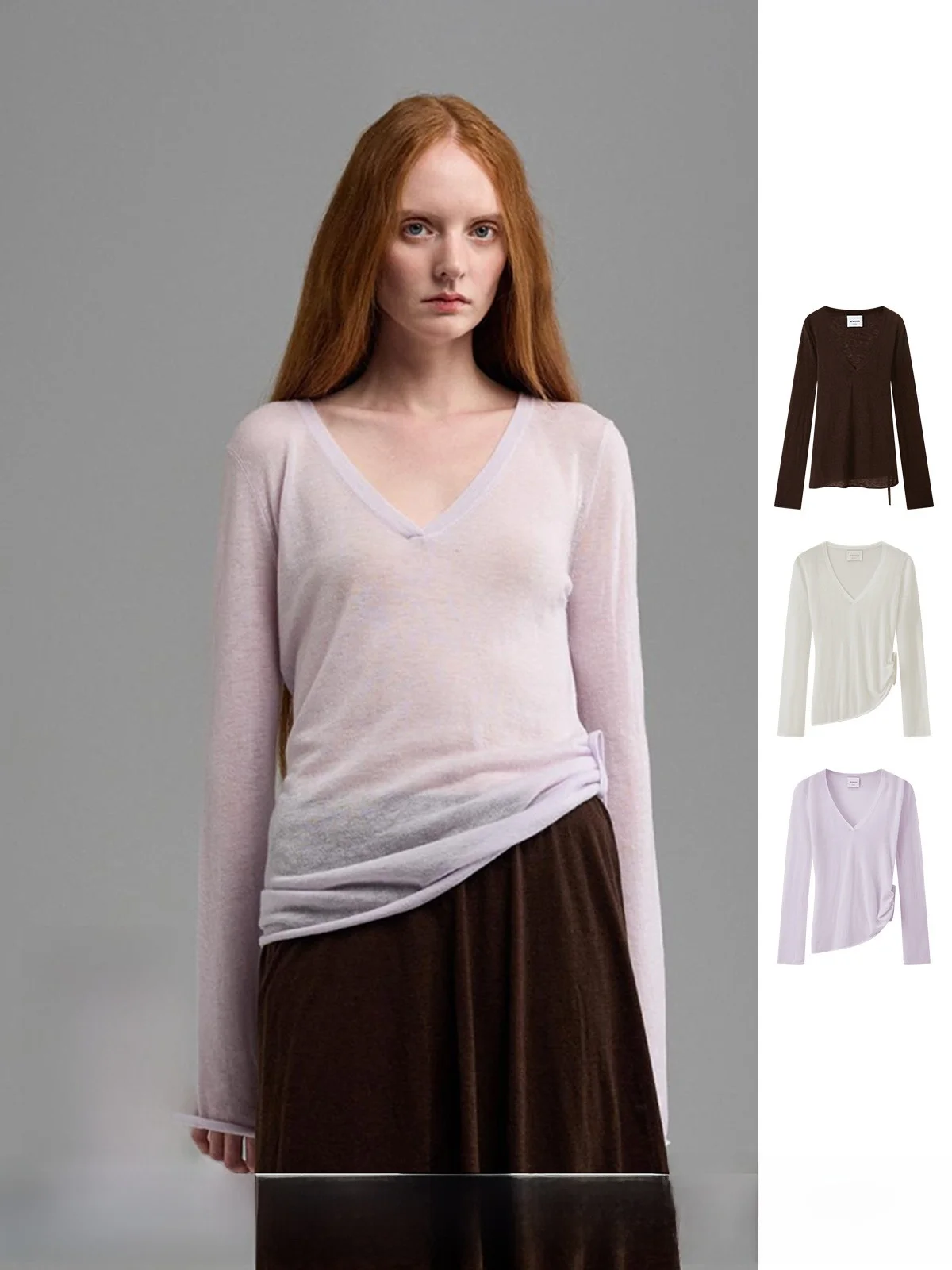 

ALWOOLS Deep V Long Sleeve Knitted Base Shirt Stylish Slim Fit Casual Top for Women Wool 100% Regular Fit T-Shirt