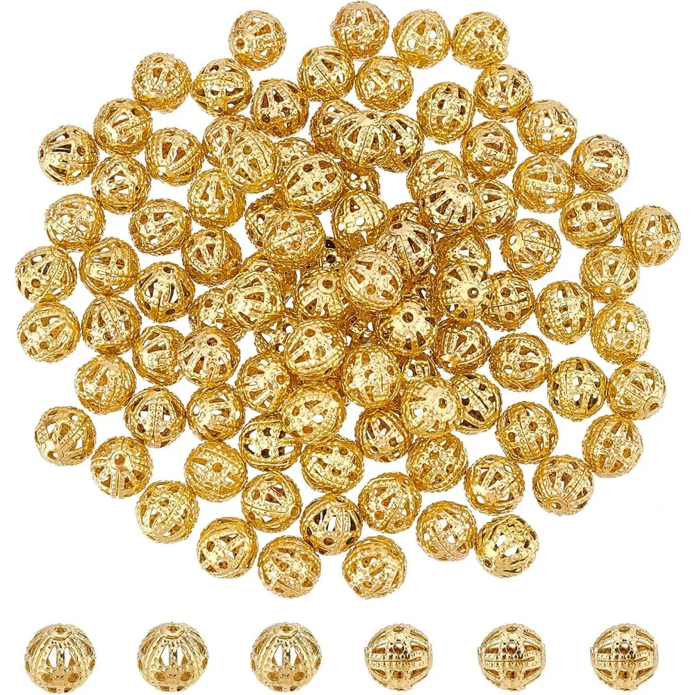 100Pcs Brass Filigree Spacer Beads Set 6 mm Ball Loose Beads Round Hollow Beads Unplated Metal  for Bracelets Necklaces Kit