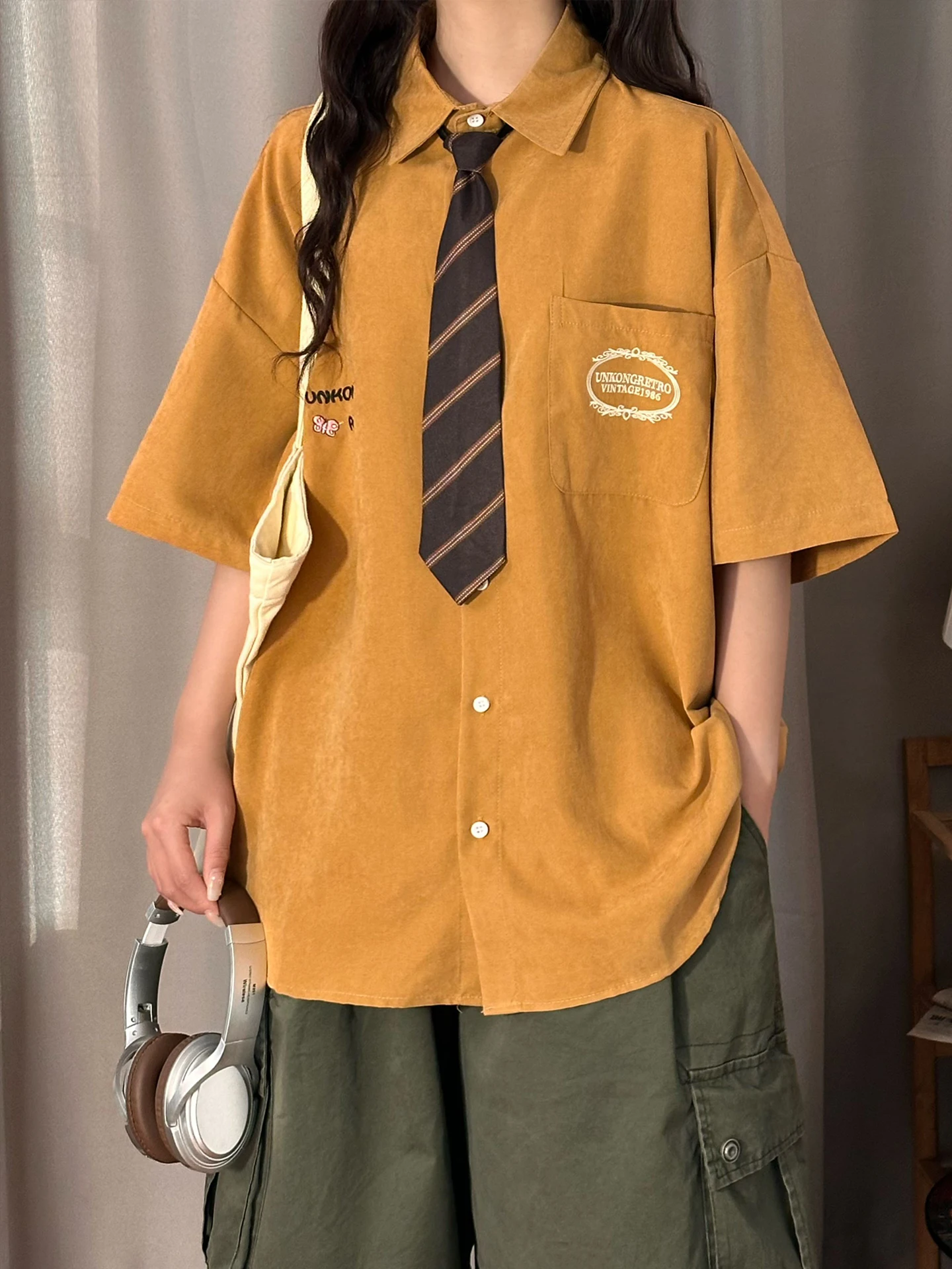 

Original American Retro College Sle Women's Loose ort Sve irt Summer Casual Tie Versatile Breathable Polyester