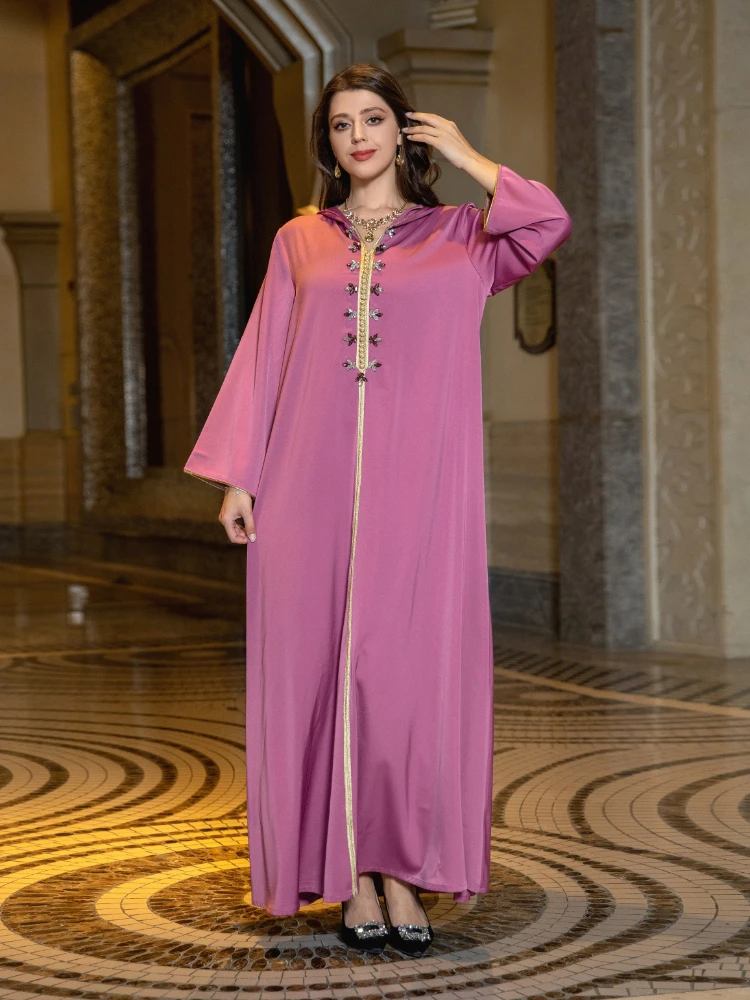 

Ramadan Muslim Women Dress Diamond Hooded India Eid Mubarak Abaya Dubai Long Satin Jalabiya Arabic Dresses Kaftan Robe Longue