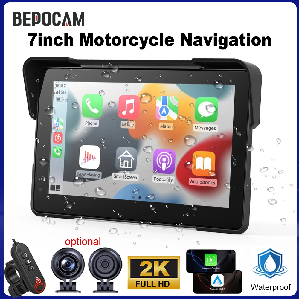 

BEPOCAM Portable 7in Motorcycle GPS Navigation Wireless Carplay Android Auto 2K DVR Drive Recorder Moto Monitor IPX7 Waterproof