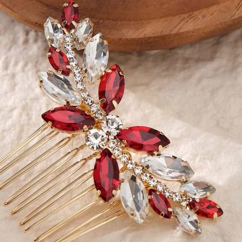 Exquisite Shiny Rhinestones Bridal Head Jewelry Comb Red Wedding Hair Comb Handmade Women\'s Jewelry Accessories Banquet