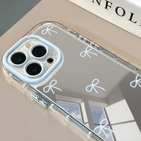 INS Korean Simple Blue Pink Bow Girl Mirror Phone Case For iPhone 17Air 16 15 14 13 12 11 Plus Pro Max XS XR Anti-fall Cover Y2K