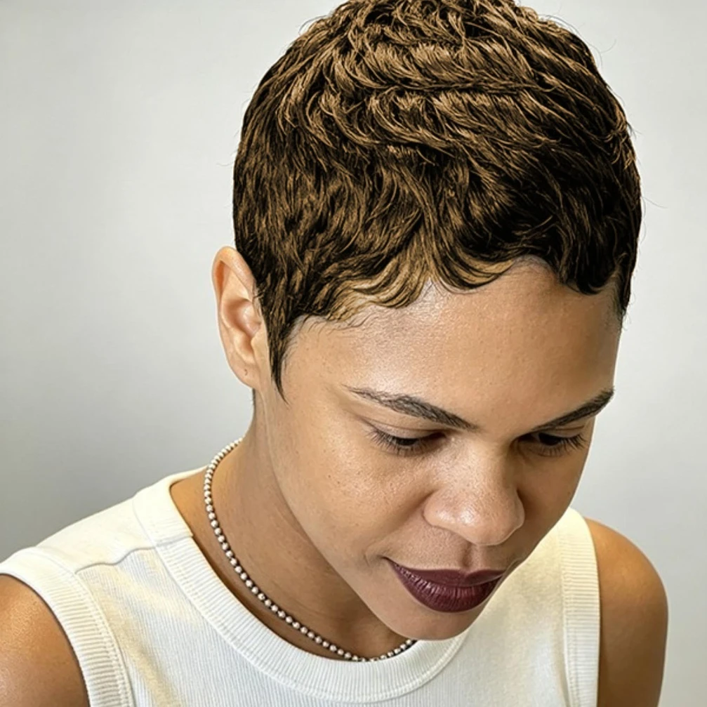 150% Density 4Inch Pixie Cut Curly Wave Human Hair Wig for Women Full Machine Made Wig for Daily Wear and Party