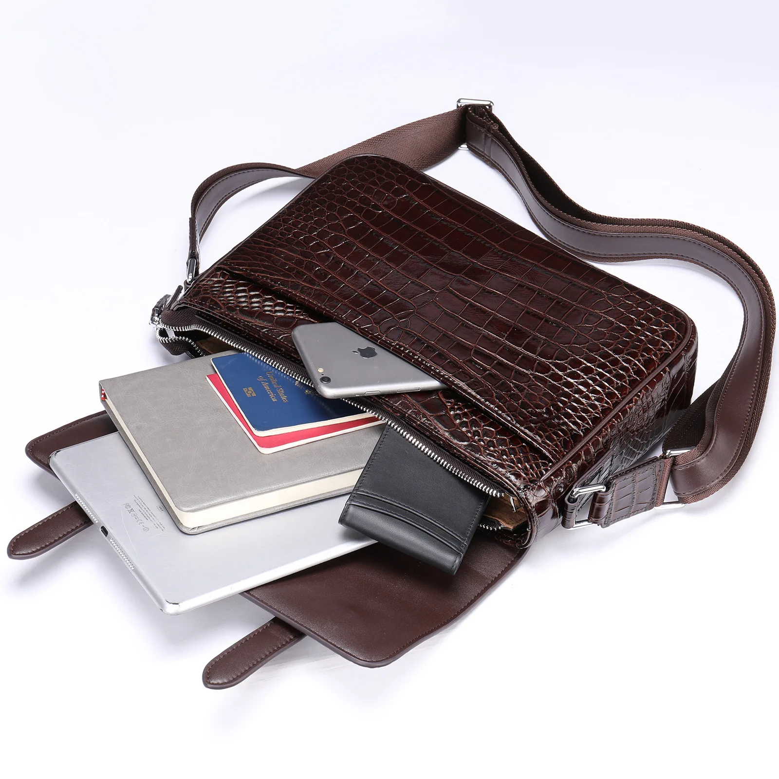 Executive Crocodile Embossed Leather Clutch — Sleek High-End Handheld Bag, Detachable Strap for Business Commute