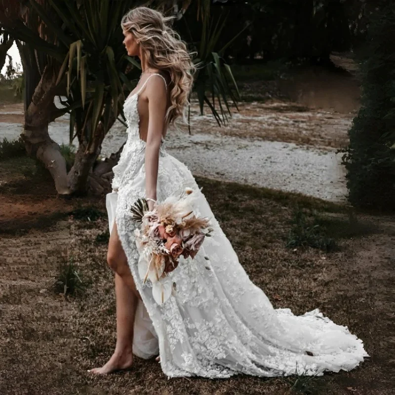 White Boho A-Line Lace Wedding Dress With Appliques High Front Slit Cascading 3D Floral Appliques Open V-Back Customizable 2026