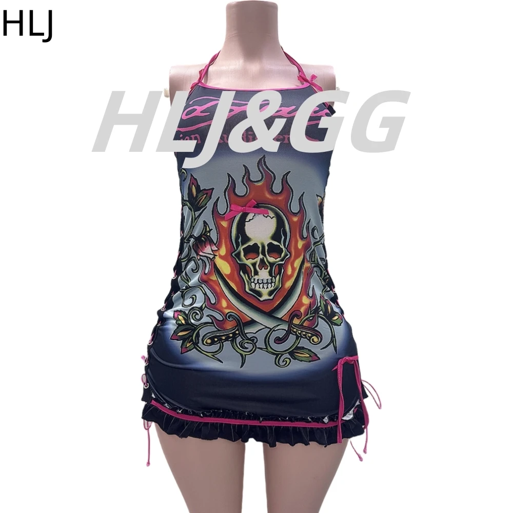 HLJ Y2K Halloween Skeleton Pattern Printing Halter Bandage Mini Dresses Women Bow Side Lace Up Bodycon Vestidos Sexy Clubwear