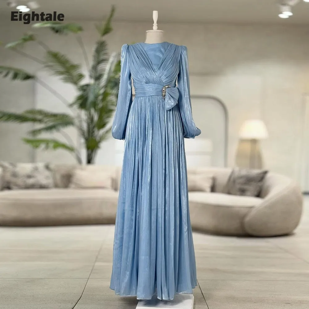 

Eightale Arabic Evening Dress O-Neck Beaded Long Sleeves Crepe Customized Muslim Dusty Blue A-Line Prom Wedding Party Gown
