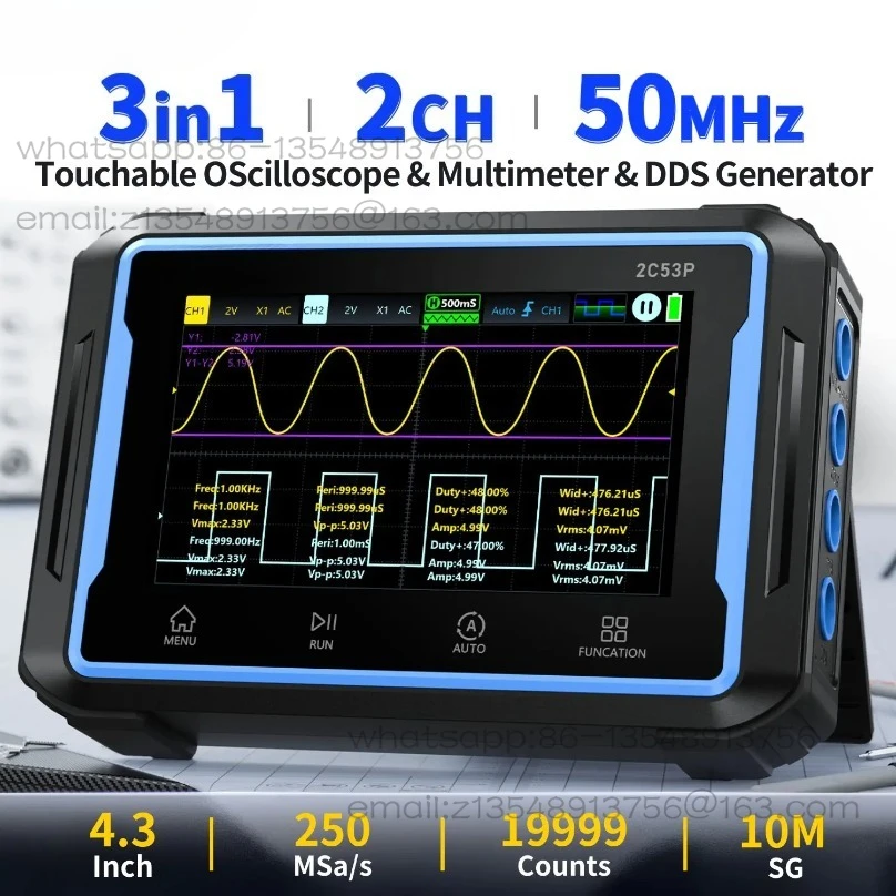

Цифровой осциллограф 2C53P с двухканальной плоской панелью, мультиметр с разрешением 4,5 бит, генератор сигналов, три устройства в одном.