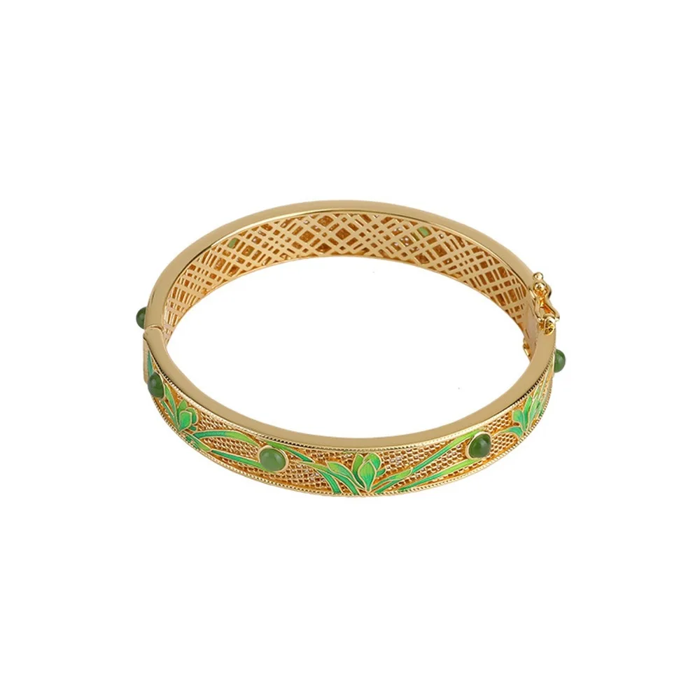 Real Solid 925 Sterling Silver Natural Jade Jasper Enamel Bamboo Leaf Bangle Women Bracelet 30g