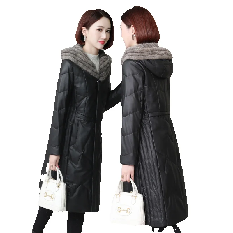 New Sheepskin Leather Down Women's Mink Hair Hoodie Old Style Coat