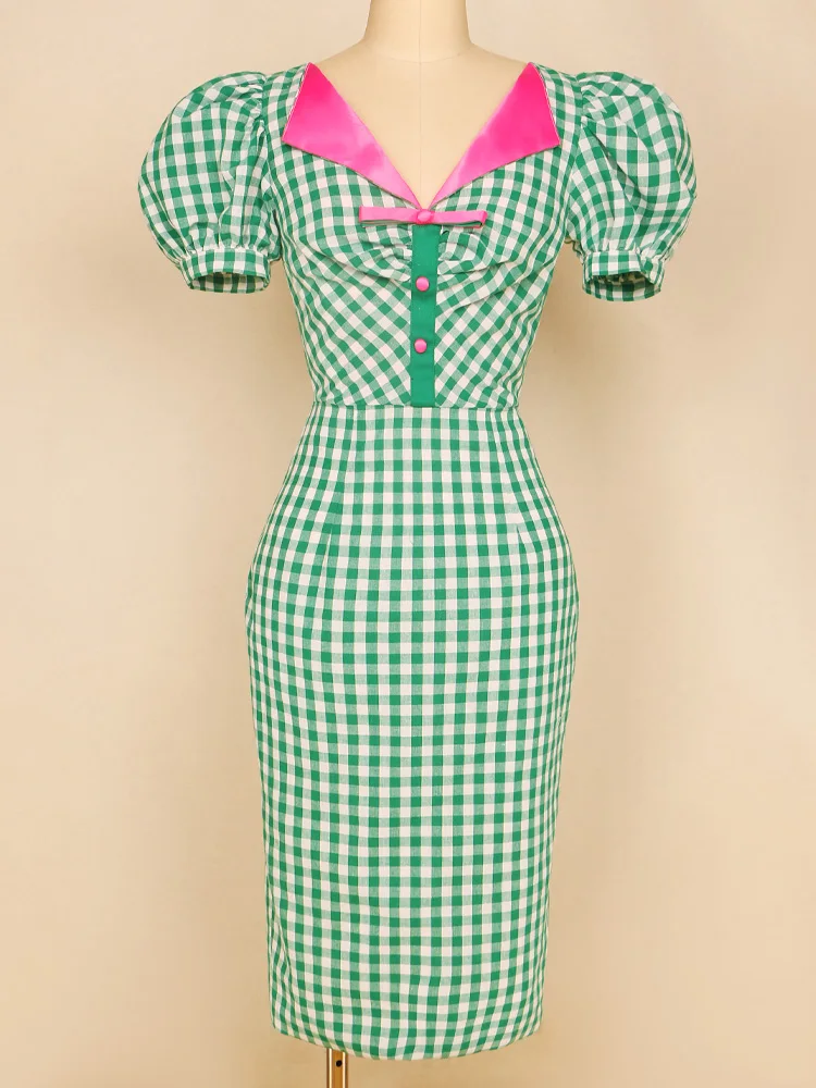 French Vintage Green Checkered Back Split Bow Dress With Bubble Sleeves Vintage Hepburn Slim Fit Waist Wrap Hip Commuter Dress