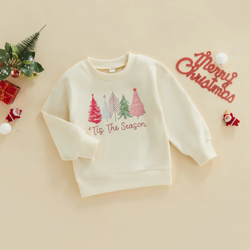 Toddler Baby Christmas Outfit Girl Boy Crewneck Sweatshirt Christmas Tree Print Long Sleeve Sweatshirts Winter Xmas Clothes