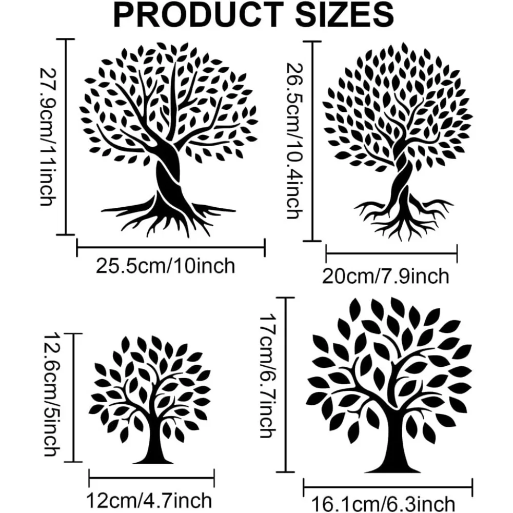 Estênceis de árvore da vida de 4 tamanhos, 6 ~ 11.8 polegadas, galhos de árvores, estêncil de pintura com pincel, padrão de vida natural reutilizável