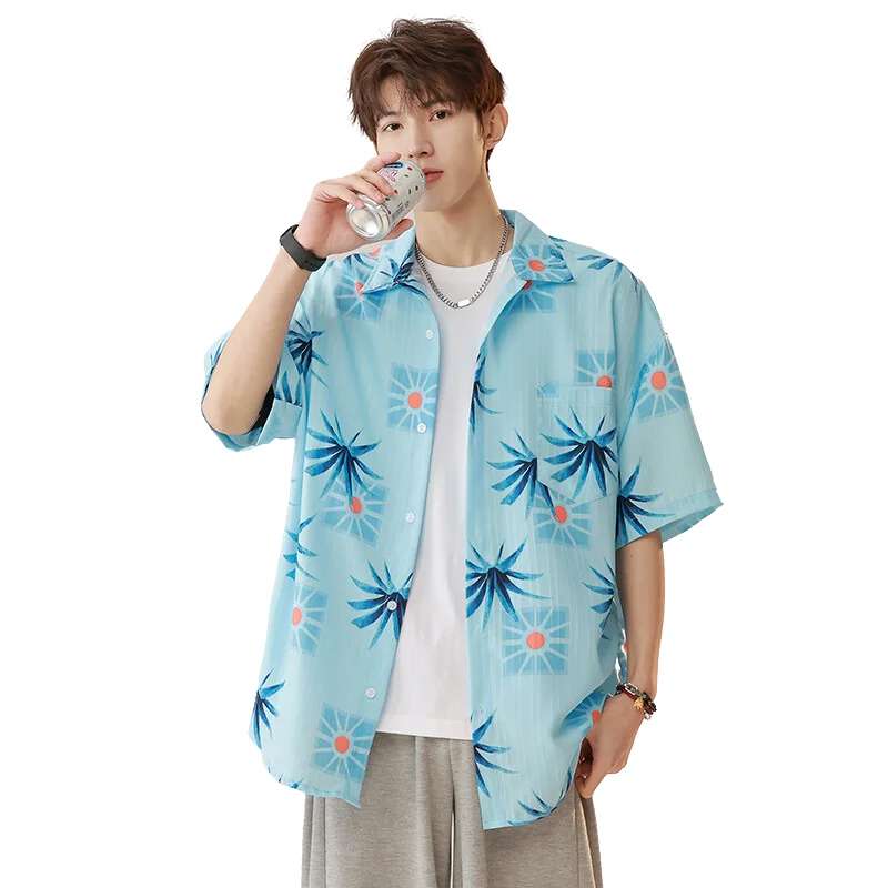 

Летняя мужская модная рубашка с короткими рукавами, крутая гавайская рубашка с лацканами в пляжном стиле для отдыха, с цветными блоками и принтом, удобный топ