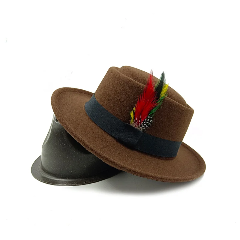 Porkpie hats for men fedoras jazz hats Feather Flat Top hat Panama fashion sombrero hombre chapeu masculino vintage Business