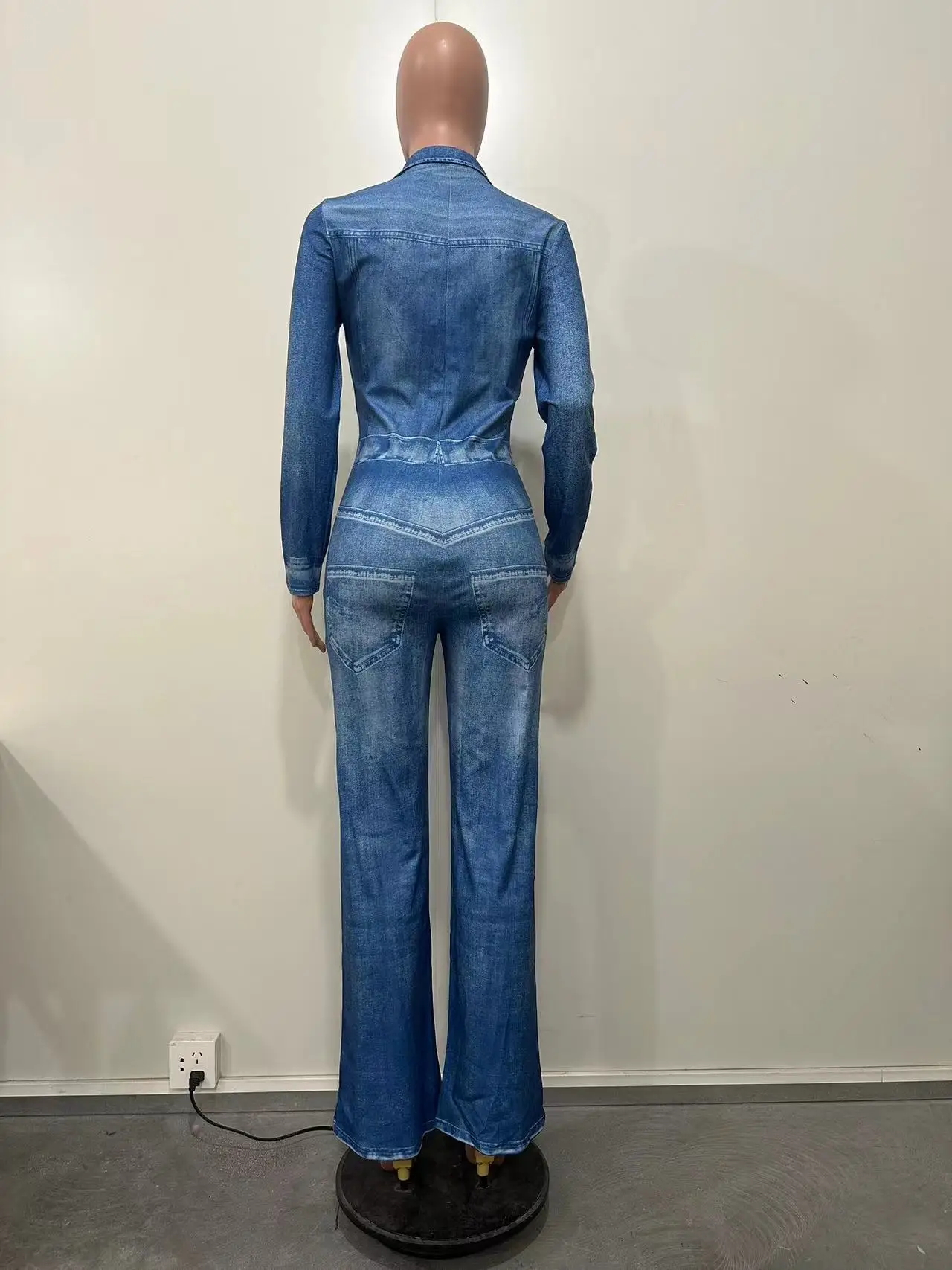 Fashion Blue Imitation Denim Jumpsuit Autumn Winter Women\'s Casual Commute Solid Color Straight Leg Jumpsuit Urban Style