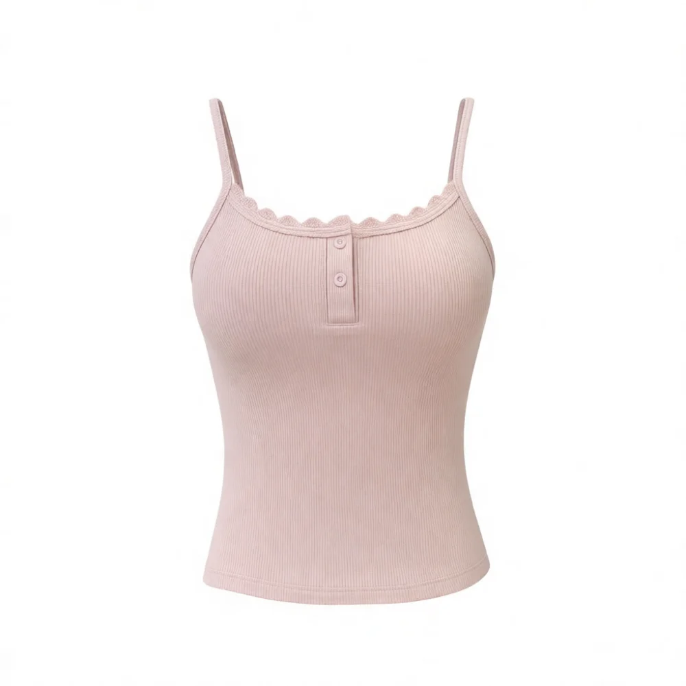 Trendy Women Lace Trim Tank Top Button Detail Camisole Slim Fit Aesthetic Spaghetti Strap Vest Summer Sexy Sleeveless