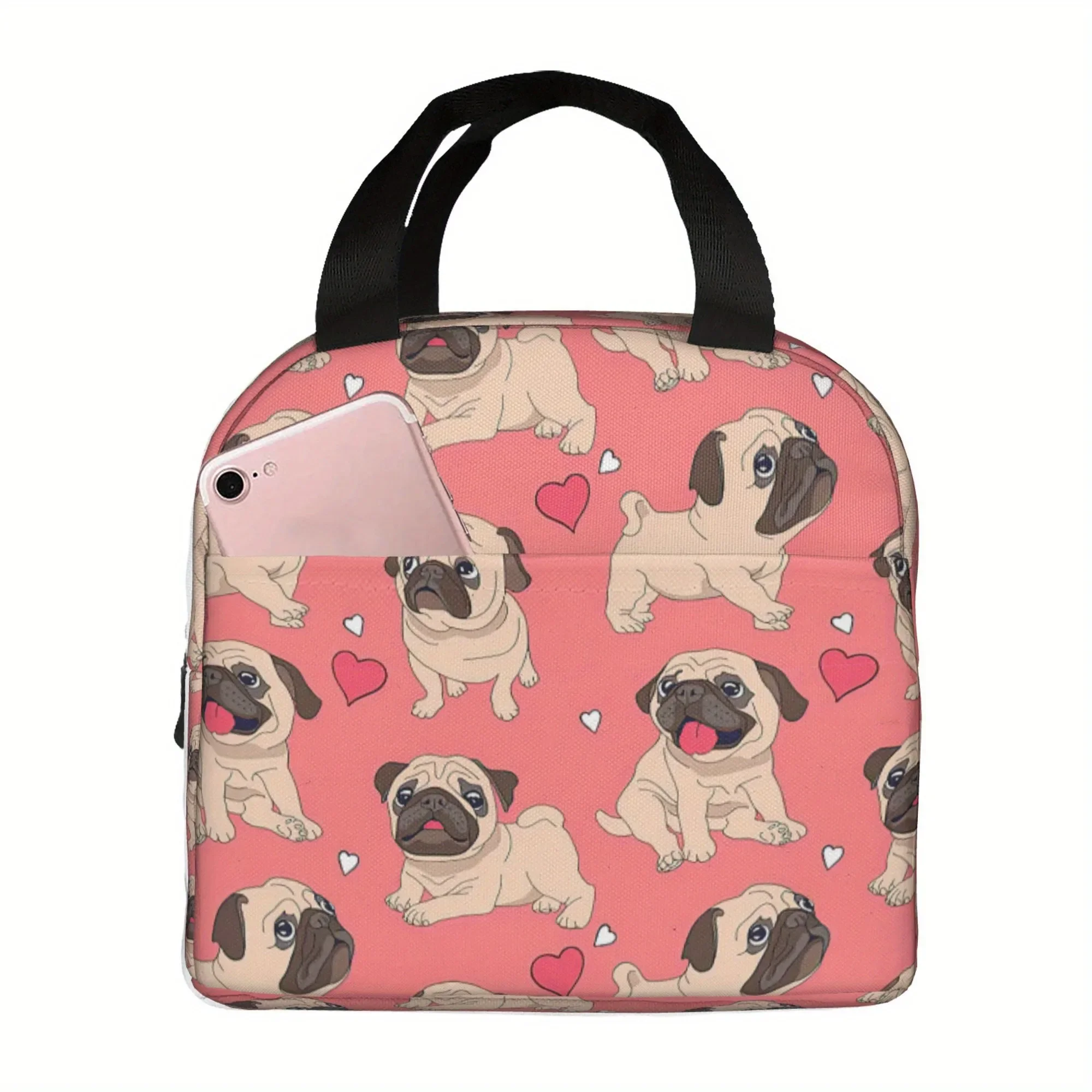 Cute Pugs and Hearts Insulated Lunch Bag Reusable Cooler Tote for Picnic School Work Travel Durable Oxford Polyester Lunch Box