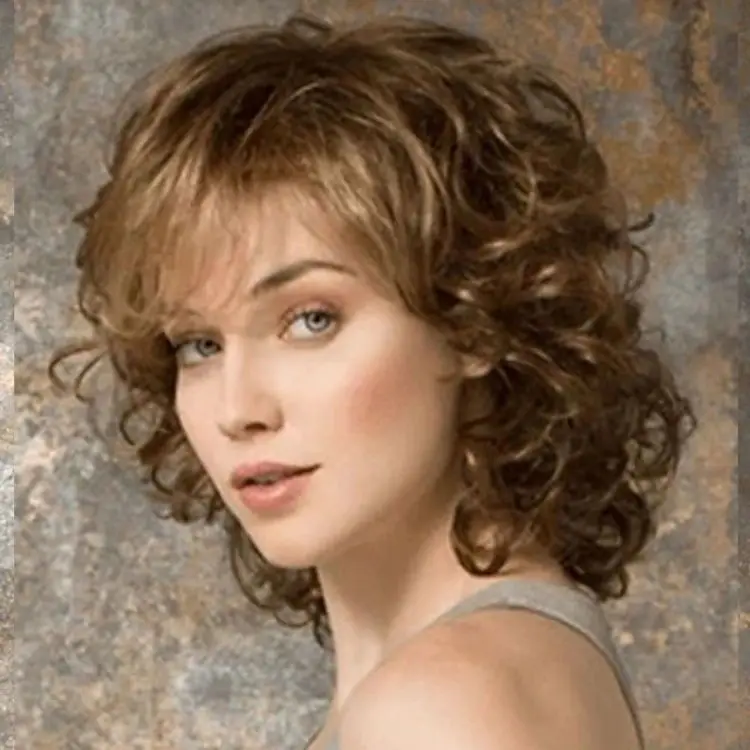 Synthetic Women's Side-Swept Bangs Short Curly Hair Natural Full Headpiece Golden Brown Curly Hair