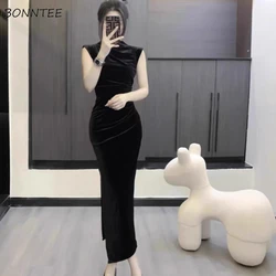 Fleece Slim Dresses Women Sleeveless Pleated Flattering Waist Slit Midi One Step Bodycon Sexy Temperament Office Lady Stylish