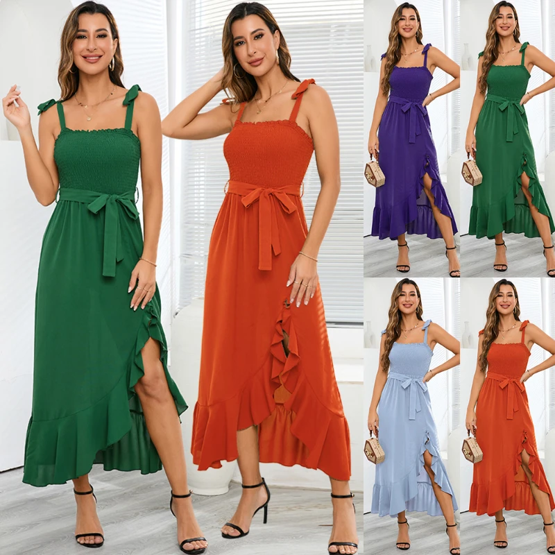 

Sexy Cable-wrapped Chest Sling Slit Irregular Dress 2023 Summer Women's Dress Fashion Lace Loose Skirt Maxi Dress Vestidos