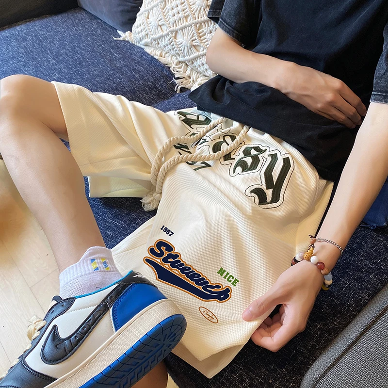 

Men's Summer Thin Five-Pointed Casual Sports orts Straight Leg Embroidered Mid-Waist Faionable Cool Feeling orts