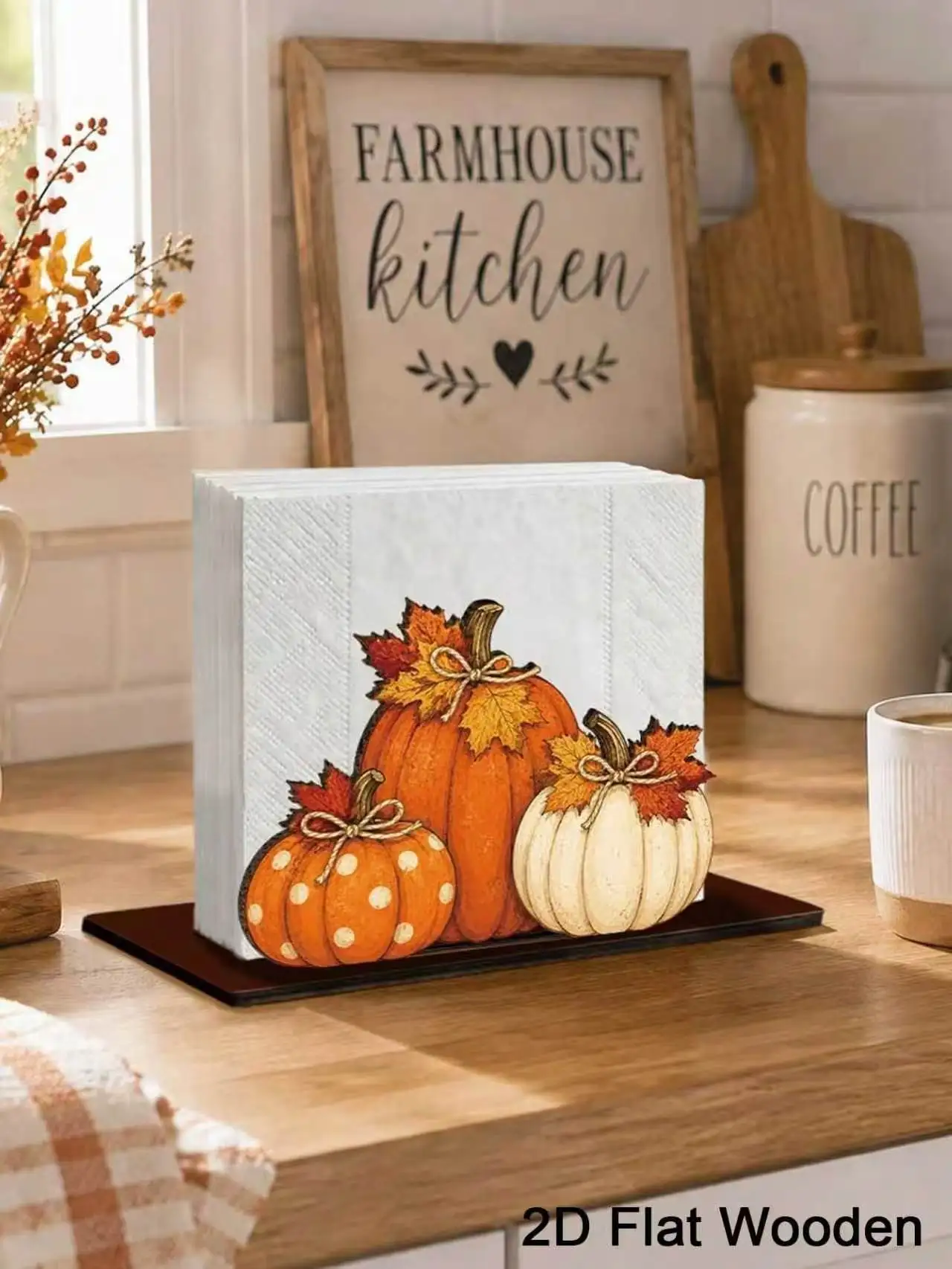 Wooden Autumn Napkin Holder, Autumn-Themed Pumpkin and Maple Leaf Napkin Organizer, Open Design with a Stable Base, Autumn-Themed Decorative Piece Suitable for Kitchen Countertops, Cafes, Thanksgiving-Themed Party Decorations, Home, Office, Perfect for Farmhouse Style and Lively Home Decor, Creative Desktop and Bathroom Decoration Gift