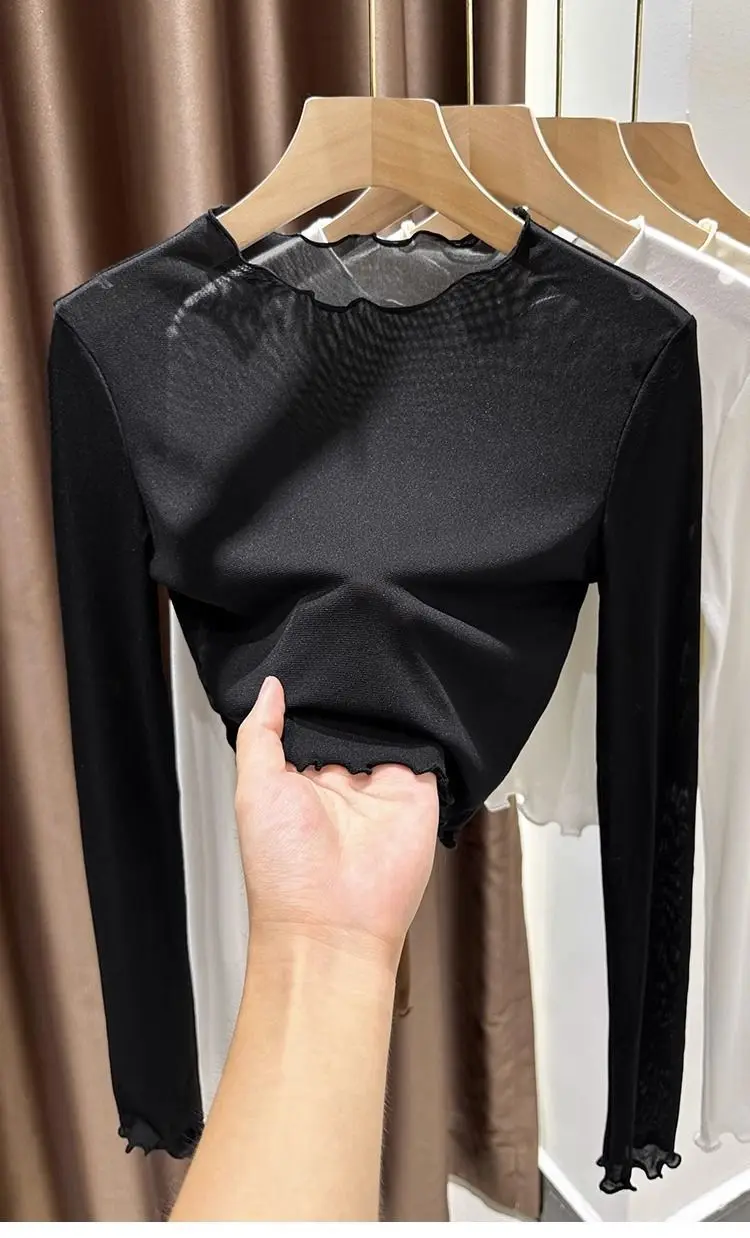 Damen-Oberteil aus kurzem, seidigem Mesh-Stoff, dünne, transparente Sommerbluse mit Rüschen und Spitze, lässiges Innenkleidungsstück, geeignet als Unterhemd oder zum Tragen unter einem Kleid, bietet Sonnenschutz, weiches Oberteil. – Detail 5