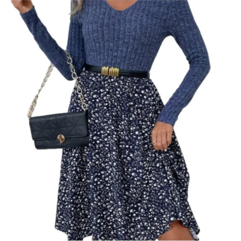 2025 가을 겨울 여성용 플로럴 V넥 스플라이싱 보헤미안 드레스 우아한 긴팔 바디콘 탑 드레스 여성 패션 베스티도스