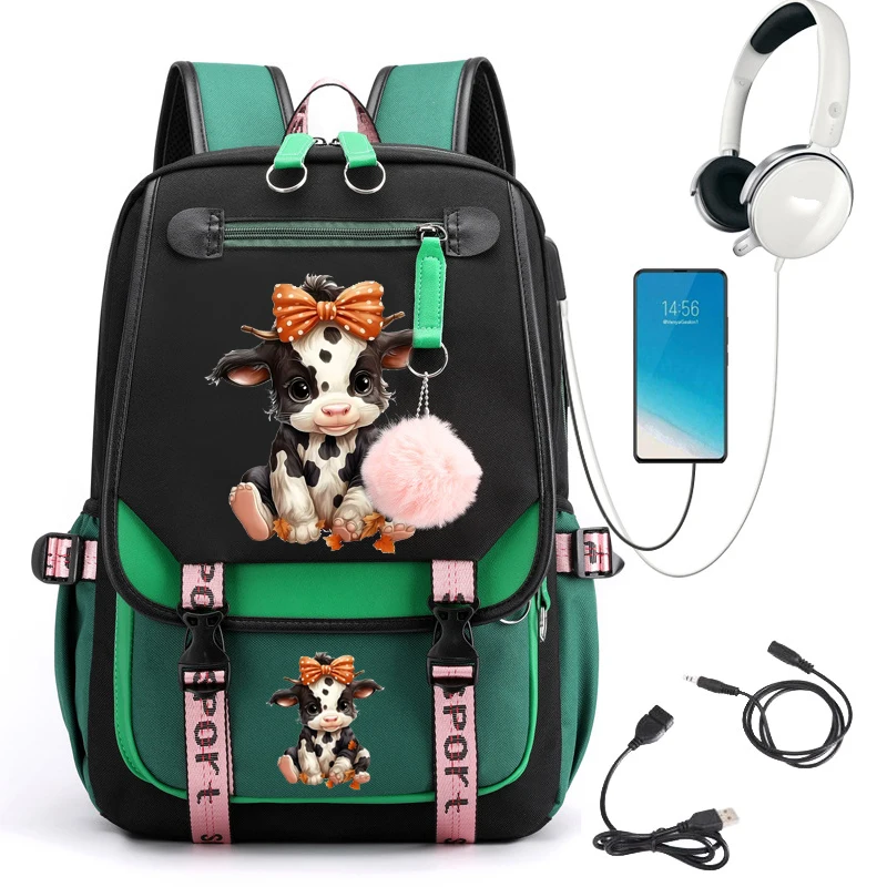 Cowboy Cow School Backpack para Meninas, bonito Bookbag para Mulheres, Estudante, Adolescentes, Bagpack para Laptop, USB, Harajuku