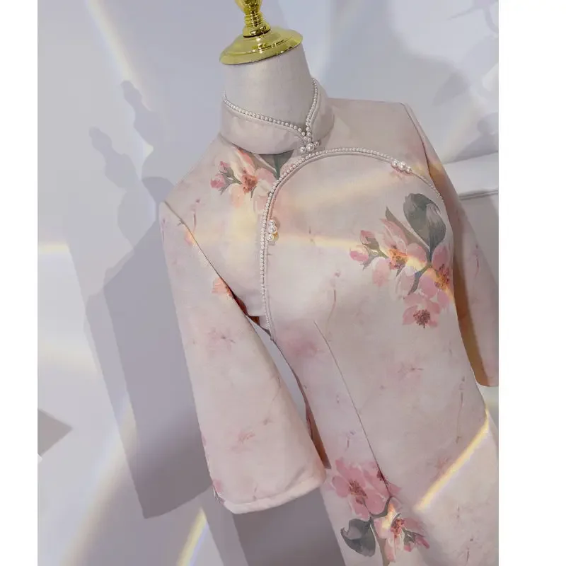 

Розовый Cheongsam для женщин, новинка 2023 года, улучшенное Ципао, весеннее винтажное стильное элегантное длинное платье с рукавами 3/4 для молодых девушек