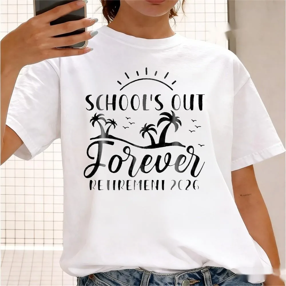 School's Out Forever Retirement 2026 T-Shirt Women Black Ink Palm Tree Island Sunset Bird Teacher Tropical Vacation Casual Tee