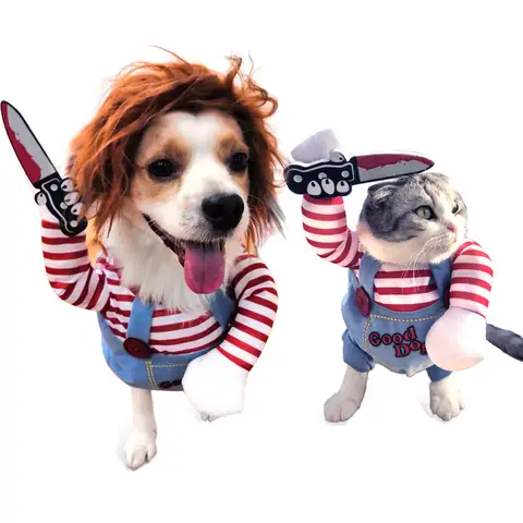 Funny Chucky Dog Costume Pet Cosplay with Wig And Knife Set Halloween Party Outfit for Small to Medium Dogs And Cats