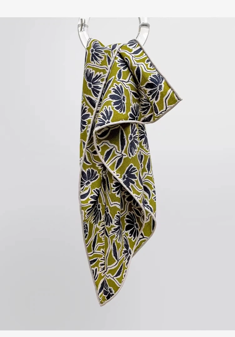 

70% Wool 30% Silk Square Scarf for Women Elegant Green Print Neck Scarves Handkerchief Muffler Men Accessories
