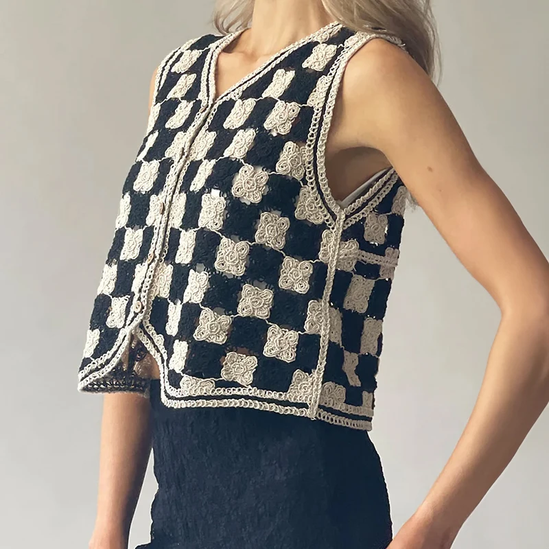 Checkerboard Crochet Vest for Women Black and White Plaid Button Front Sleeveless Jacket Tanks Female Summer Trendy Outfit