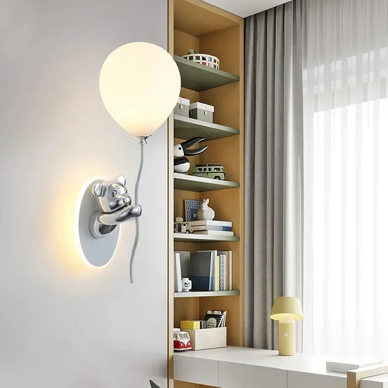Nordic Cute Bear Balloon Wall Lamp Girls Cartoon wall Light Warm Children's Room Bedroom Decor Atmosphere Lamps view 3